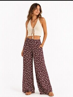 NWT Jo West Mod Magenta Floral Print Wide Leg Pull On Pants Size L High Rise